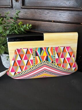 Trina Turk Bright Pink Orange Yellow Geometric Clutch